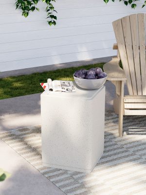 14” Modern Terrazzo Side Table Suitable for /Outdoor Use - Rectangular Magnesium Oxide End Table with Speckled White Finish, HDPE Tabletop & Spray-Painted Frame, Space-Saving Accent Furniture for Living Room, Bedroom, Balcony, Plant Stand