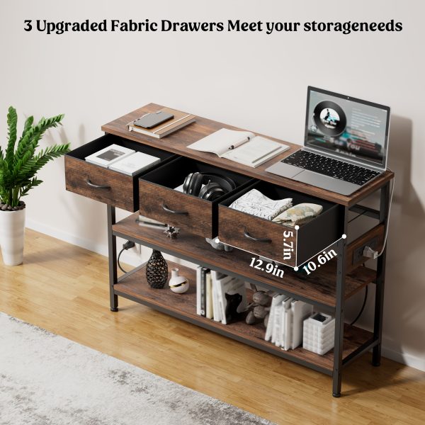 product-fancy-f2f199ef-6371-4eb3-870e-3936c27c2b3b 3-Tier Console Table with Charging Station (2 AC Outlets + 2 USB Ports) - Hardwood Entryway Sofa Table with 3 Breathable Fabric Drawers & Open Shelves, Adjustable Feet, Modern Rustic Design for Narrow Spaces, Living Room, Hallway