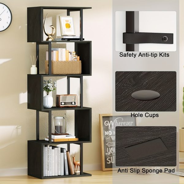 product-fancy-f2fc18f1-80fe-4ff9-bd50-2995162c8c3b 6-Tier Tall Bookshelf, Lofty Geometric Book Cabinet, S-Shaped Industrial-Style Display Freestanding Bookshelf, Metal And Wood Decorative Storage Partition Rack, Suitable for Bedroom, Living Room, Office, Black/White