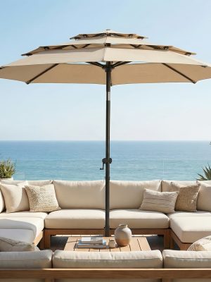 10Ft 3 Tiers Market Umbrella Patio Umbrella Outdoor Table Umbrella With Ventilation, Outdoor Umbrella For Patio, Pool Umbrella, Polyester Canopy, Suitable For Patio, Pool, Garden, Backyard, Deck, Base Not Include, Father'S Day Gift