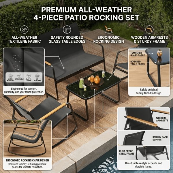 [Rocking Chair Set] WR314-1+3 Teslin Armrest Rocking Chair Set in Gray, Black & Brown, Teslin Rocking Chair Table and Chair 4pcs Set
