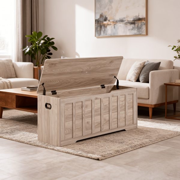 A Large Storage Desk Measuring 47.2 Inches, Featuring a Storage Box Equipped with Two Safety Gel Buffer Hinges. This Box Is Suitable for Use in The Living Room Or Bedroom, Can Support Up to 150 Pounds, Has Two U-Shaped Cutouts