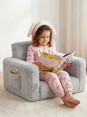 Kids Sofa 2-in-1 Convertible to Recliner Chair - Soft Plush Gray/Pink/White Youngsters Lounge Chair with Storage Pocket, Cozy Folding Playroom Furniture for Boys And Girls, Youngsters Playroom Furniture Pocketed Armrests | Velvet Upholstery, Chair