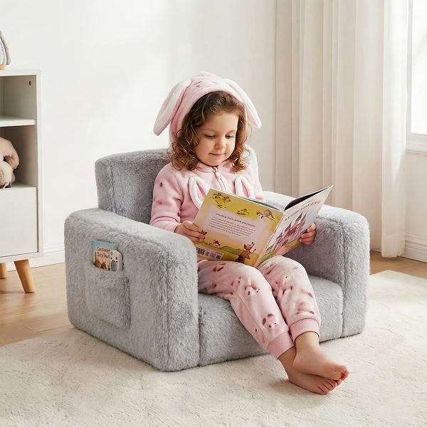 product-fancy-f31ea2cb-fbcd-42ac-b7f1-923f3c0ffd11 Kids Sofa 2-in-1 Convertible to Recliner Chair - Soft Plush Gray/Pink/White Youngsters Lounge Chair with Storage Pocket, Cozy Folding Playroom Furniture for Boys And Girls, Youngsters Playroom Furniture Pocketed Armrests | Velvet Upholstery, Chair