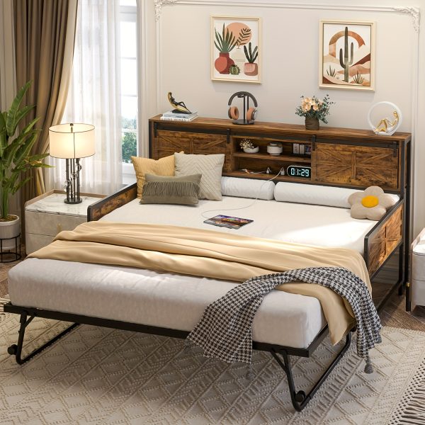 product-fancy-f322f997-f012-41c0-98a7-2f8f2c5baeeb Homieasy Farmhouse Daybed with Trundle, Twin Day Bed with Charging Station, Heavy Duty Metal Sofa Bed Frame with Pop-up Trundle Bed for Living Room, Bedroom And Guest Room