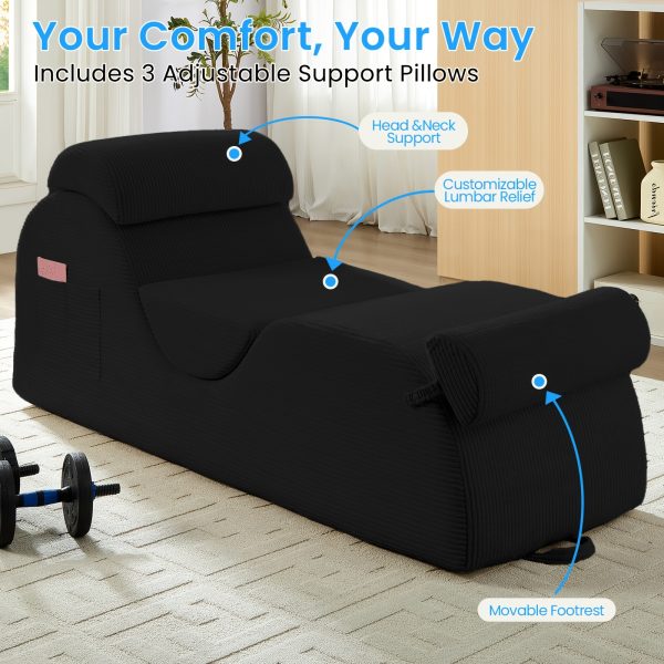product-fancy-f35c71cc-b626-4805-a45d-1a472d1f1800 Striped Adult Yoga Chair, Indoor Toilet Chair with Side Pockets, Headrest, Lumbar Cushion, Movable Footrest, Curved Yoga Sofa for Relaxing And Stretching in Bedroom, Black