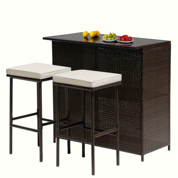 product-fancy-f3843bbf-13da-4a75-9a00-c32eb4590a1e Rattan Bar Set 3pcs Wicker Bistro Set Sturdy Frame Bar Height Table with Glass Table Top Storage Shelves 2 Bar Stools for Patio Poolside Porch Outdoor Indoor, Outdoor Bar Set, Patio Table And Chair Set, Outdoor Furniture, Patio Bar Set with Table, Outdoor Dining, Poolside Seating, Wicker Furniture, Rustic Bar, Patio Furniture Outdoor, Outdoor Bar Table And Chair, Outdoor Table And Chair Set, Outdoor High Top Table And Chair, Outdoor Dining Set, Patio Set Outdoor, Outdoor Patio Bar