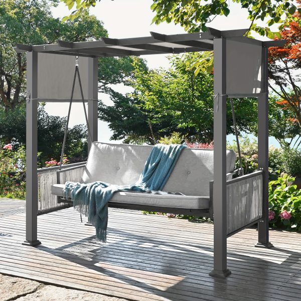 product-fancy-f3c81ee8-2aee-4350-8341-dd6956f280ff Patiopia 3-Seat Outdoor Porch Swing, Patio Swing Chair with Adjustable Curtains, 2in 1 Porch Swing Bed for Balconies, Gardens And Poolside, Gray, Porch Swing For Outside, Outdoor Patio Swing, Outdoor Furniture, Swing Chair Outdoor