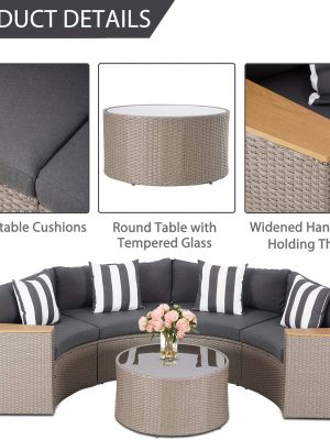 Outdoor Half Moon Patio Furniture 5pcs Curved Outdoor Sofa, All-Weather Outdoor Sectional Furniture Patio Conversation Sets with Round Tempered Glass Top Table with Cushion
