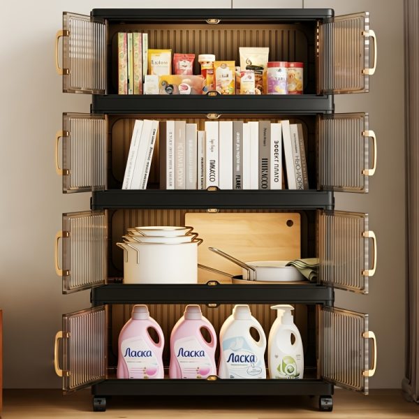 product-fancy-f4208db0-fea1-43c5-a024-f42d221c6941 No Assembly 2/3/4/5 Tier Foldable Stackable Storage Cabinet, 44.29 Inch Large Capacity Modular Organizer Box with Lid, Rolling Wheels & Magnetic Double Door, Space Saving Portable Multi-Layer Storage Unit, Easy Setup Household Storage Container