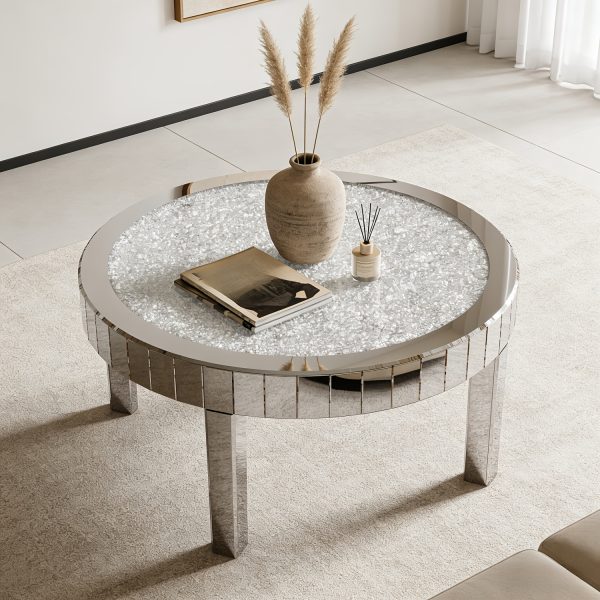 AESOME Glam Silver Mirrored Round Coffee Table Crushed Diamond Accent Side Table With Beveled Glass Edge Modern Center Table For Living Room And Office (31.5" D X (31.5" W X 18.3" H)