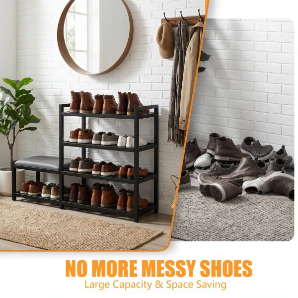 Shoe Storage Bench, 4-Tier Large Capacity Shoe Rack with Comfortable Seat, Industrial Shoe Organizer for Entryway, Black Metal Shoe Shelf Bench for Home Organization