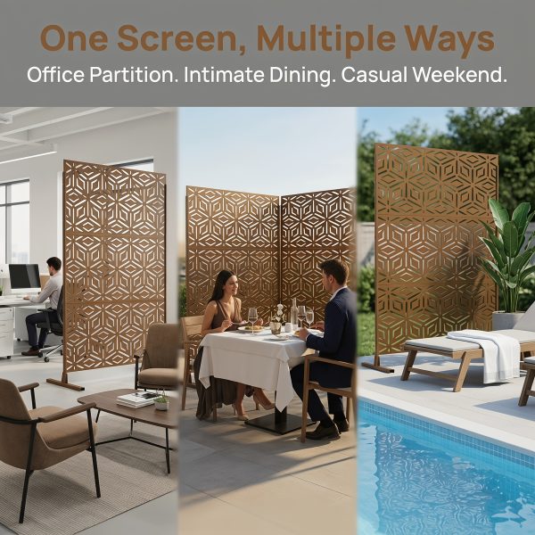 product-fancy-f4d28fad-b59d-415d-a00b-a6673b59b96f Walnut Brown Metal Privacy Screen 76"X48" Freestanding, Premium Indoor Outdoor Decorative Fence Panel Divider for Deck Balcony Patio Backyard Lawn Garden Pool Yard Porch Front Yard Bedroom Living Room Office Studio Entryway Hallway Decorative Fence