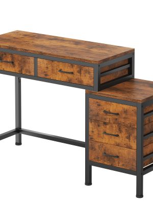 51in Retro Industrial Writing Desk with 5 Drawers & Printer Stand