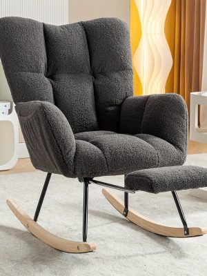 Nursery Teddy Upholstered Glider Rocker with Adjustable Footrest, High Backrest Padded Recliner Reading Chair for Bedroom