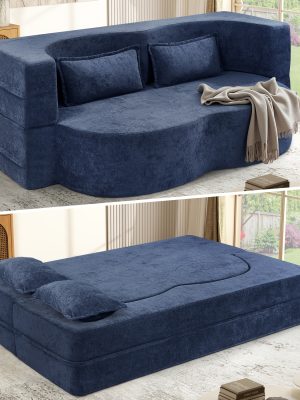 Convertible Folding Sofa Bed, 78" Full Size Floor Sleeper Couch, Faux Rabbit Fur Full Foam Futon Loveseat for Living Room Bedroom, No Assembly Required
