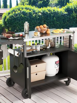 JY QAQA Grill Cart With Storage, Outdoor Bar Cart Rolling BBQ Movable Pizza Oven Table Stand With Foldable Stainless Steel Top & Storage Cabinet, Black