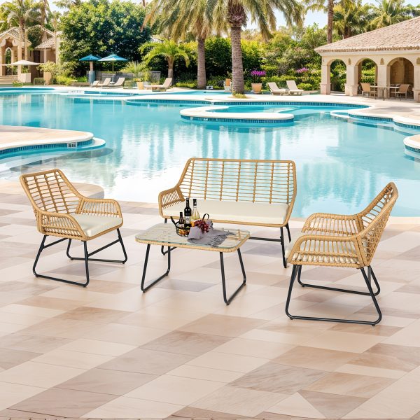 product-fancy-f5f62730-5a80-42af-88a5-7c0d0bc51e25 4pcs Outdoor Patio Furniture Collection • Rattan Bistro Set Featuring Cushions & Table • Wicker Loveseat for Conversations in Your Backyard, Balcony, Or Garden