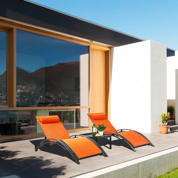 [Outdoor Lounge Chair] 2-Pcs Outdoor Lounge Chair With 1-Pcs Side Table, Patio Sunbathing Lounger, 5-Level Height Adjustable, Suitable For Garden, Pool, Beach, Outdoor Use