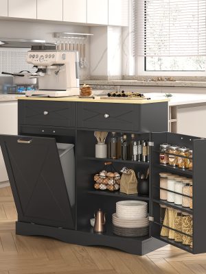 Wood Kitchen Pantry Island with Tilt-Out Trash Cabinet & Laundry Hamper - Adjustable Shelf Suitable for for, Suitable for Small Spaces, Hidden with Drawers, Tilt-Out Basket System, Space-Saving