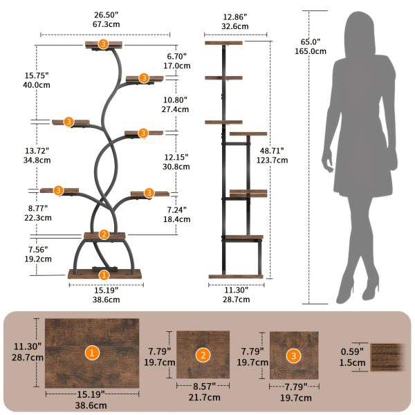 product-fancy-f68efbcd-0a7a-49bf-b55e-6addb8a65b09 1pc Bookshelf with LED Lights- 8 Tier 123cm Multi-functional Metal Display Shelf Corner for Books Magazines Photo Frames, Vases, 48.7" Vine-shaped Storage Shelf for Living Room, Study, Stairway, Bedroom, Good Choice for Gifts Home
