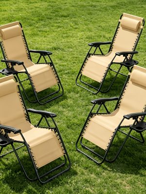 [Portable Foldable Chair] 4pcs Zero Gravity Lounge Chairs, Foldable Reclining Outdoor Chair with Pillow And Cup Holder, Space-Saving Portable Zero Gravity Chair for Patio, Poolside, Beach, Grassland, Camping