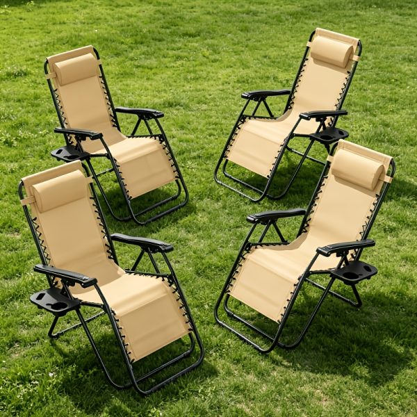 [Portable Foldable Chair] 4pcs Zero Gravity Lounge Chairs, Foldable Reclining Outdoor Chair with Pillow And Cup Holder, Space-Saving Portable Zero Gravity Chair for Patio, Poolside, Beach, Grassland, Camping