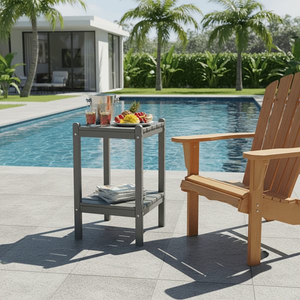 Outdoor HDPE Double-layer High Side Table, Leisure Side Table with Double-Layer Storage Design, Multifunctional Small Coffee Table, for Courtyard, Pool, Terrace And Balcony, Gray