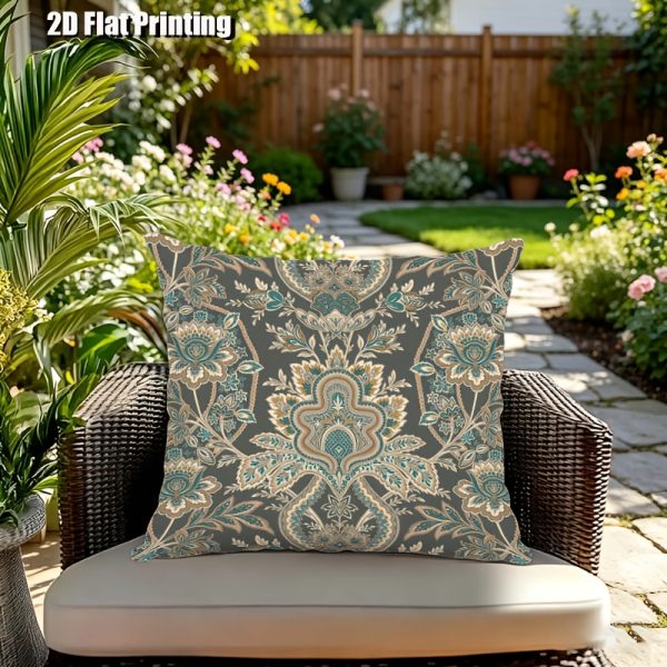 product-fancy-f6d6ce04-732d-4270-ace1-d3d9b2c4f505 2D Flat, Terrace Cushion Cover, 1pc 18X18 Inches Square Pillow Cover, A Dark Gray Background Features an Intricate, Symmetrical Pattern with Teal, Cream, And Golden Floral Motifs, Including Large Central Blooms, Leaves, And Scrollwork