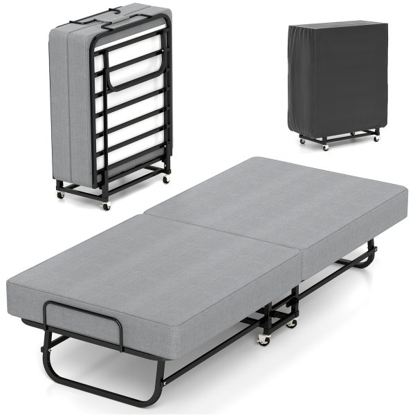 Twin Size Folding Bed with 3" Memory Foam Mattress, Foldable Roll Away Guest Bed for Adults, Sturdy Metal Platform Bed with Wheels, Space-Saving Design for Easy Storage, Portable Bed for Bedroom, Office & Apartments, 75''x31''
