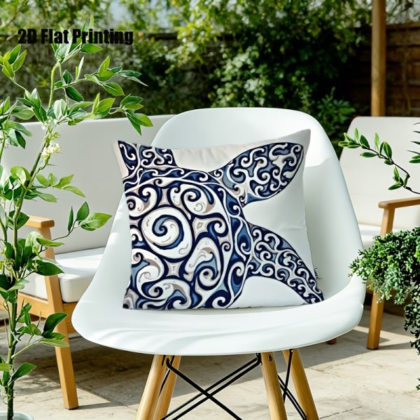product-fancy-f7132830-e3e9-40c0-b8b6-f4b5f6bf28df 1pc Turtle Print Cushion Cover Suitable for Outdoor Indoor Use, 18x18 Inch Square Pillow Case with Zipper Closure, Blue White Gray Marine-Themed Decorative Cover for Garden Sofa Bed, Machine Washable Turtle Shell, 2D Flat