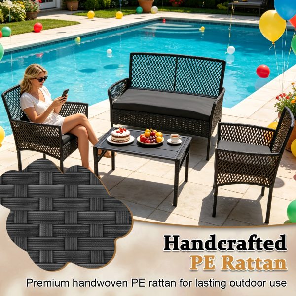 [Outdoor Rattan Set] 4pcs Outdoor Wicker Patio Furniture Set Rattan Conversation Group With Cushions, Coffee Table For Porch, Garden, Poolside & Backyard, Black - Patio Furniture Outdoor