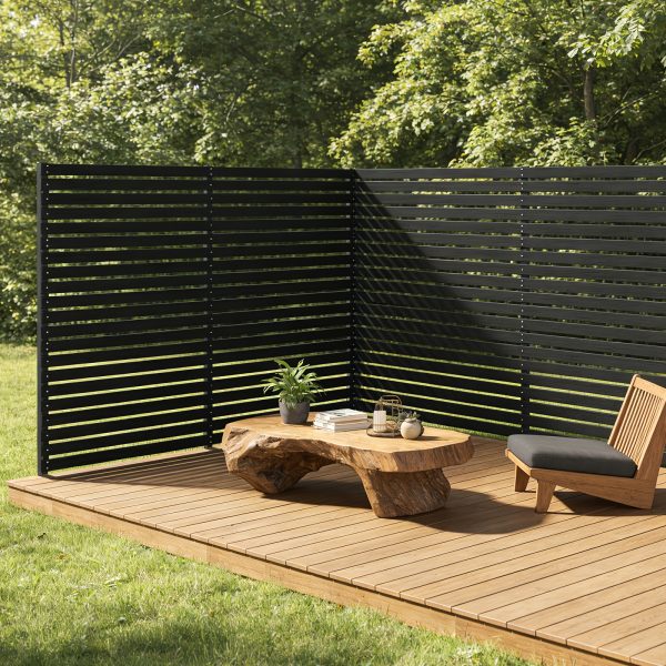 [Outdoor Privacy Fence] 38" X 71" Outdoor Privacy Fence Screen, Black Wooden Slatted Panels With Sturdy Metal Stakes, 12" Ground Insert, Garden Privacy Fence For Air Conditioner Cover, Patio, Yard, Pet Fence And Outdoor Decoration