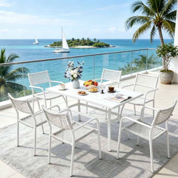 HARAISEDK Patio Dining Chairs Set Of 4/6 Stackable Ergonomic Rattan Armchairs All Weather Powder Coated Metal Frame Garden, Balcony, Poolside White/Gray