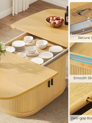 47''-63'' Extendable Dining Table Suitable for 4-8 People, Expandable Modern Fluted Kitchen Table with 2-Tier Storage Shelf, Space-Saving Folding Table for Small Apartments, Folding Mechanism & Natural Wood, Assembly Required
