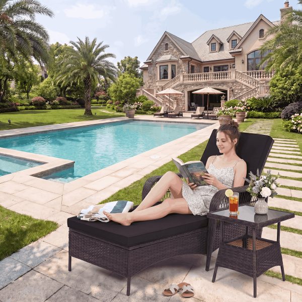 [3pcs Wicker Chaise Set] LEVELEVE 3pcs Outdoor Wicker Chaise Lounge Set with Foam Cushions & Tea Table - All-Weather PE Rattan Recliner Chairs Suitable for Backyard, Poolside, Patio Furniture, Adjustable Chaise Loungers for Deck, Porch, Garden