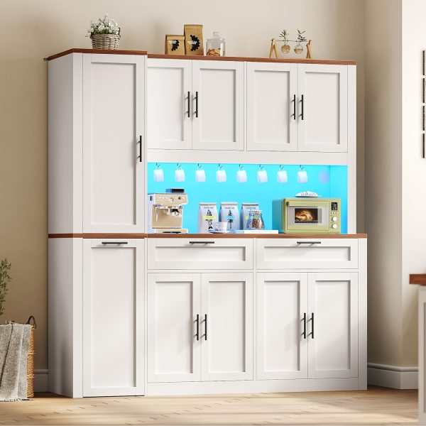 product-fancy-f85f5ad6-1b6a-4b91-8c28-a690d2fa5132 71 Inch Kitchen Pantry Cabinet with LED Lights And Charging Station, 59 Inch Wide Wooden Storage Cabinet with 2 Drawers, 8 Doors, 3-Tier Storage Cart, And 4 Door Shelves, Pantry Storage Cabinet with Microwave Stand for Dining Room, Black, White