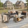 4pcs Outdoor Seating Arrangement, Durable Grey Rattan Garden Furniture Collection, Wicker Sofa with Chairs And Coffee Table, High-Back Rattan Loveseat with Comfortable Cushions for Patio, Available in 3 Fabric Color Choices