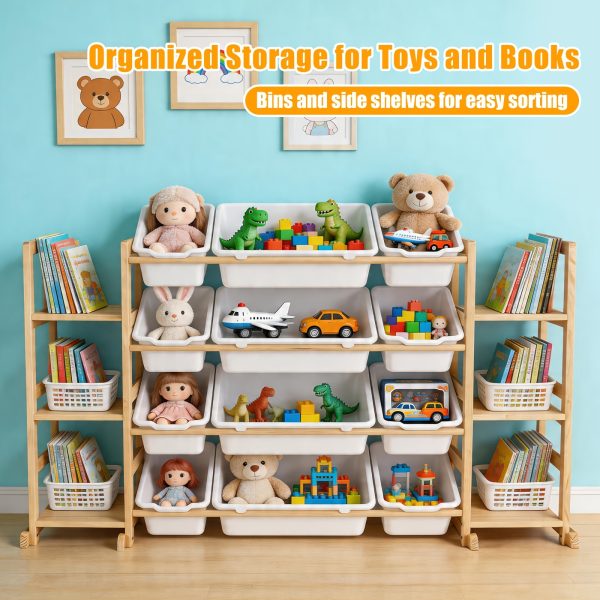 product-fancy-f881347e-61ac-4e54-9162-f3bd26c2ea6d Storage Organizer with 6 Shelves And 12 Bins, 52.3 Inch Wide Kids Bookshelf And Organizer, Wooden Bookcase with Storage Bins for Playroom, Bedroom, Nursery And Room Decor