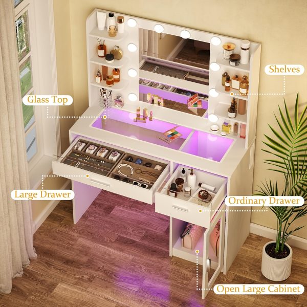 product-fancy-f8a388e6-da2c-4bcd-9fc3-dd047918dadb WHONLINE 1pc Vanity Desk with Mirror And Lights, Makeup Vanity Desk with Lights 3 Colors, Bedroom Vanity with Multiple Drawers, And Open Storage Space, Power Outlet, for Bedroom, White, Heavy Duty Dresser, for Halloween And Christmas