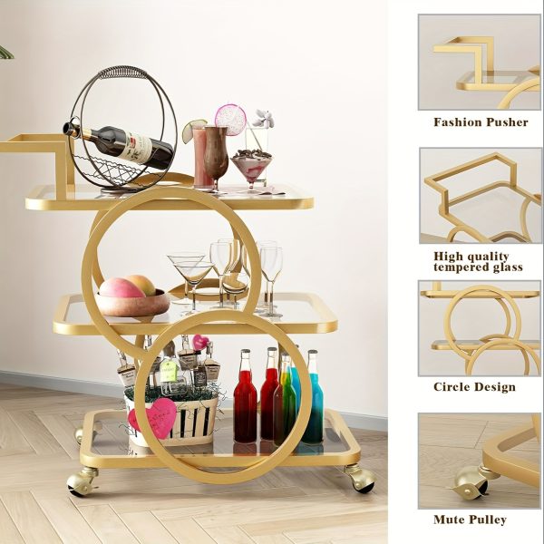 Golden Bar Carts with 3-Tier Shelves, Rolling Bar Carts on Wheels, Kitchen Serving Cart for Dining Room, Glass Bar Carts for Home Use, Round Bar Carts, Wine Carts