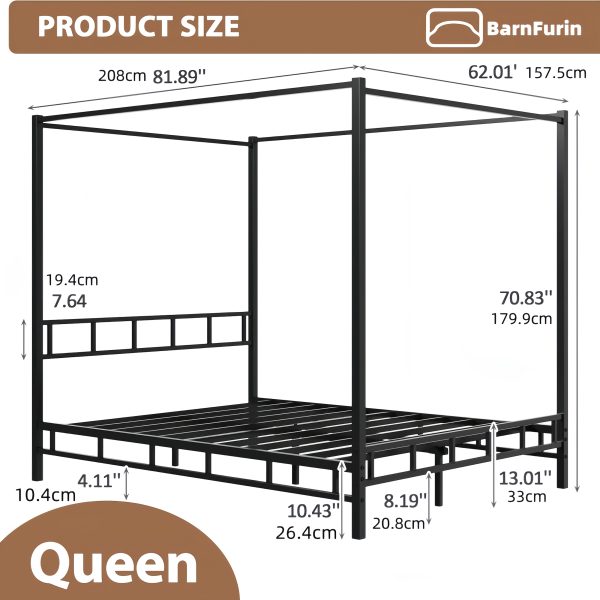 [Queen Canopy Bed Frame] Full Queen Canopy Bed Frame With Headboard And Footboard, Mattress Foundation Platform With Metal Slats Support, No Box Spring Needed, Easy Assembly, Black