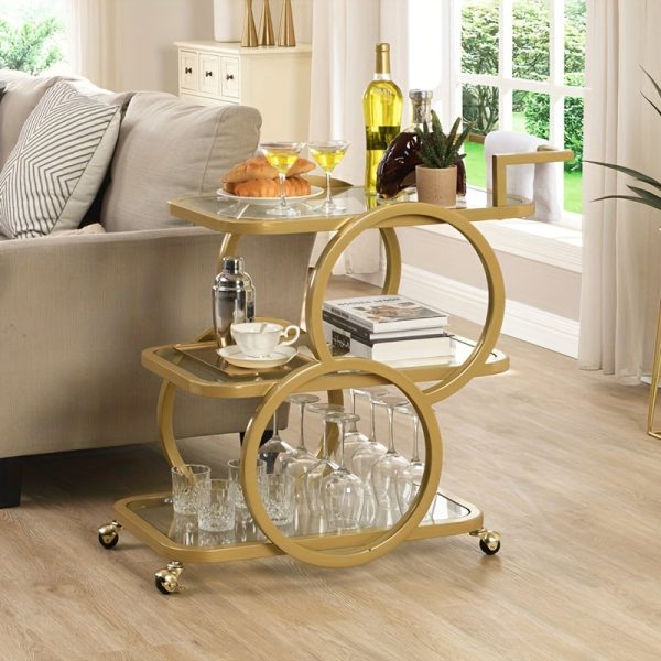 Golden Bar Carts with 3-Tier Shelves, Rolling Bar Carts on Wheels, Kitchen Serving Cart for Dining Room, Glass Bar Carts for Home Use, Round Bar Carts, Wine Carts