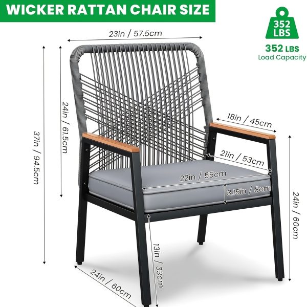 [Rattan Dining Chair Set] Outdoor Rattan Dining Chair Set of 2/4, Wide Outdoor Rattan Chair with 21-Inch Seat Width, Ergonomically Curved Backrest, Removable Cushion, Suitable for Patios, Lawns, Gardens, Backyards, Poolside, Balconies, and Other Spaces, Rattan Patio Chair