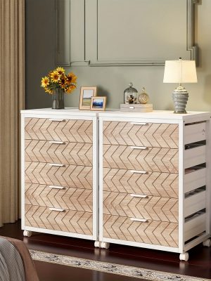 5-Drawer Beige & White Wood Mobile File Cabinet, Industrial Rolling Printer Stand with Herringbone Pattern for Home Office Storage, Durable Engineered Wood Design