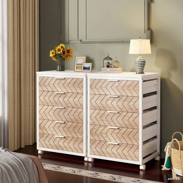 product-fancy-f9cc7640-1f76-4426-a5fa-8881a513cdf3 5-Drawer Beige & White Wood Mobile File Cabinet, Industrial Rolling Printer Stand with Herringbone Pattern for Home Office Storage, Durable Engineered Wood Design
