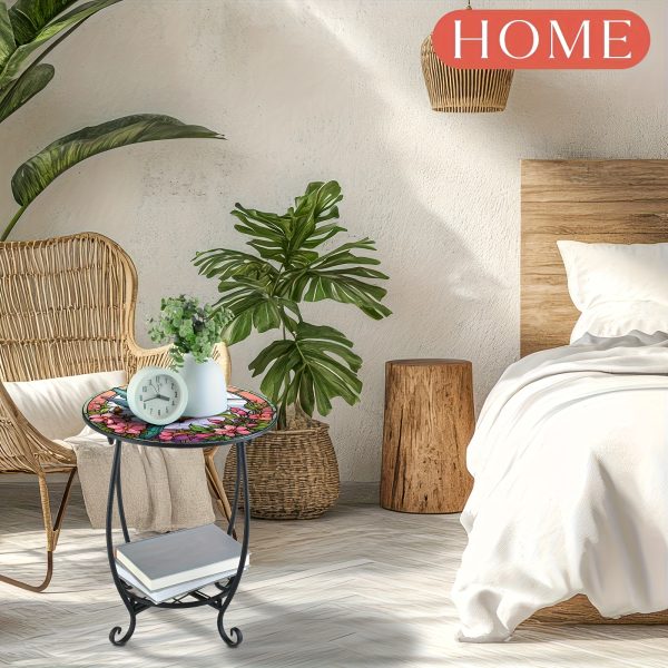 product-fancy-fa064a72-7950-4f1f-ad5e-e078066aba0d 14" Round End Table Unique Pattern Printed with Birds, Butterflies And Flowers, with A Metal Frame for Storage At The Bottom And Metal Scrollwork Accent Side Table
