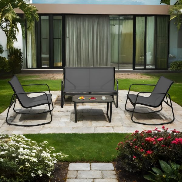 [Outdoor Textilene Set] 4pcs Patio Furniture Set, Outdoor Textilene Conversation Set with Rocking Chairs And Loveseat, with Coffee Table for Garden, Balcony, Poolside, Backyard Lightweight, Water-Resistant And Uv-Resistant - Patio Furniture Outdoor
