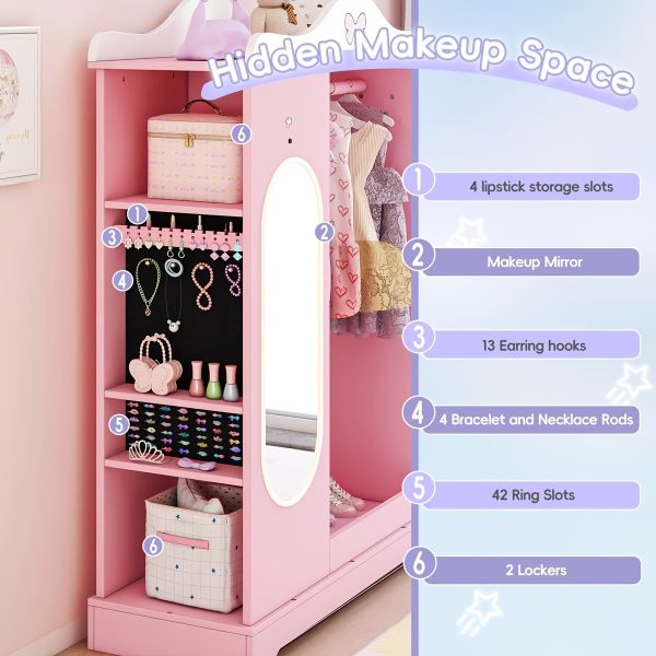 product-fancy-fa15ed10-5a52-49ae-a50f-5f9ba6850771 Kids Armoire with Jewelry Cabinet, Kids Dress Up Storage wth Shelves, Girls Wardrode Costume Organizer with Mirror, Children Closet with Armoire for Bedroom, Kids Room, Girls, Kids Room Furniture, Bedroom Storage, Stylish Kids Wardrobe, Playful Design, Hardwood Construction, Quality Wood Finish, Shelved Wardrobe, Parents Organizing, Childrens Clothing