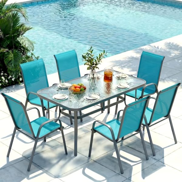 7pcs Outdoor Table And Chairs for 6, Outdoor Dining Set W/Rectangle Glass Table And 6 Patio Textilene Stackable Chairs, Patio Furniture Set W/Umbrella Hole, Umbrella Not Included